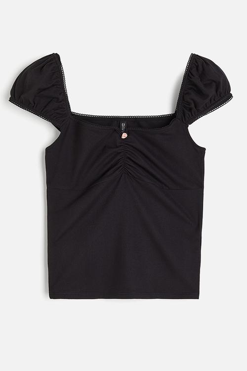 Picot-trimmed puff-sleeved top - black