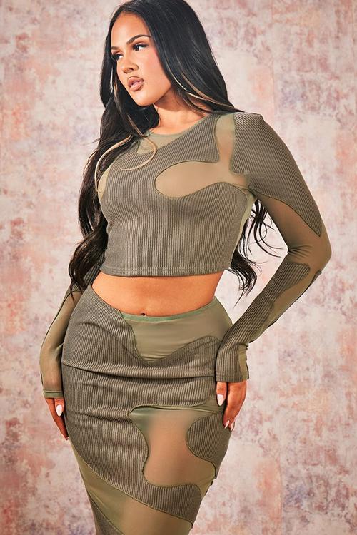 Abstract Mesh Panel Crop Top - Khaki