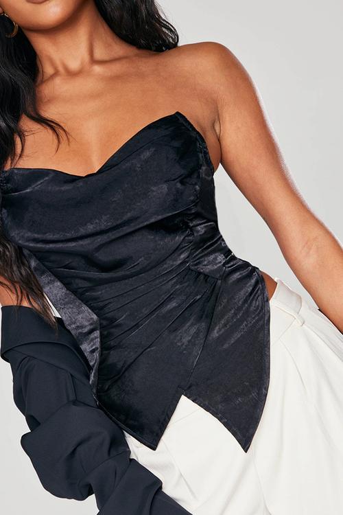 Hammered Satin Asymmetric Pointed Hem Corset - Black