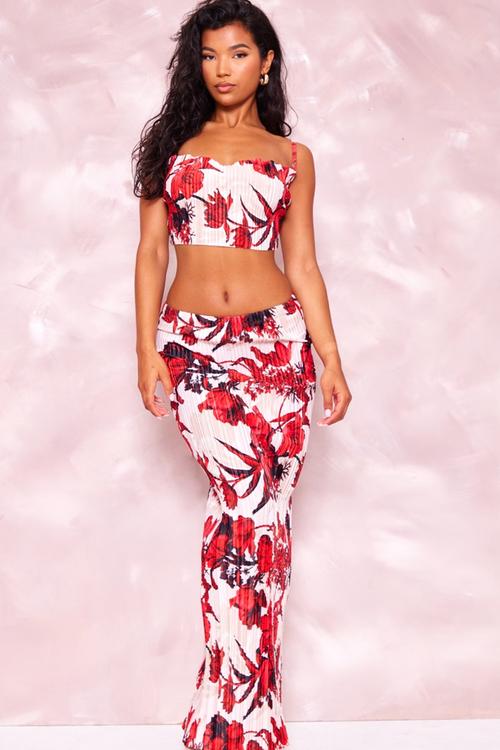 Floral Print Plisse Strappy Cowl Neck Top - Multi