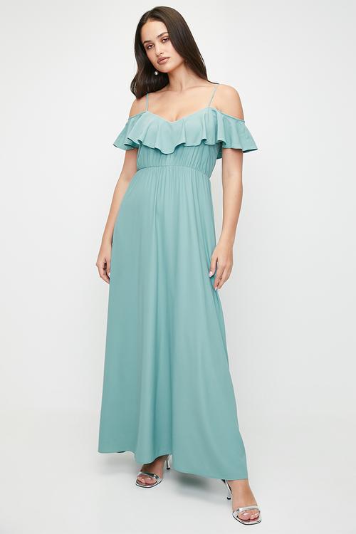 Ruffle overlay fit & flare maxi dress - cameo blue