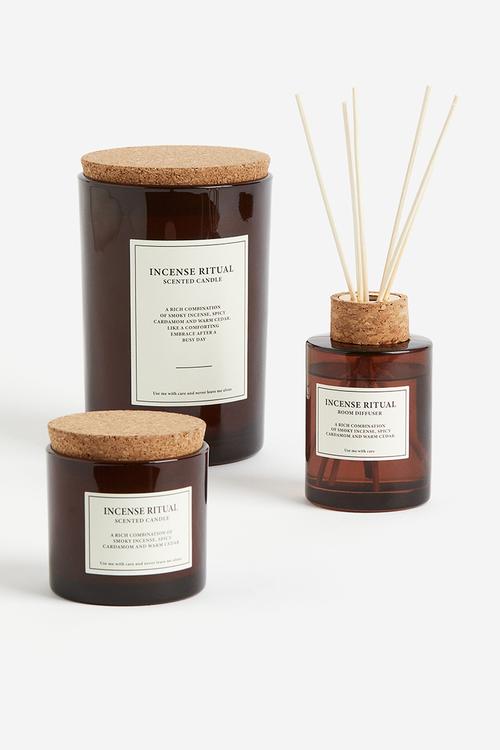 Large cork-lid scented candle - dark brown/incense ritual 
