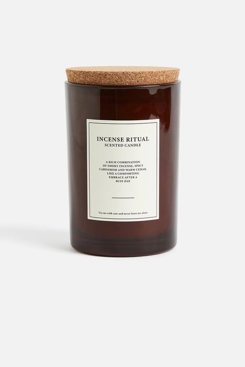 Large cork-lid scented candle - dark brown/incense ritual 