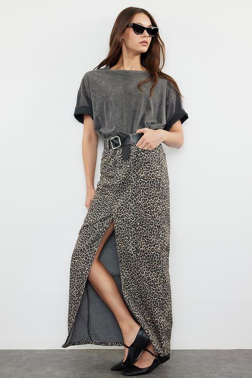 Patterned maxi denim skirt - leopard 