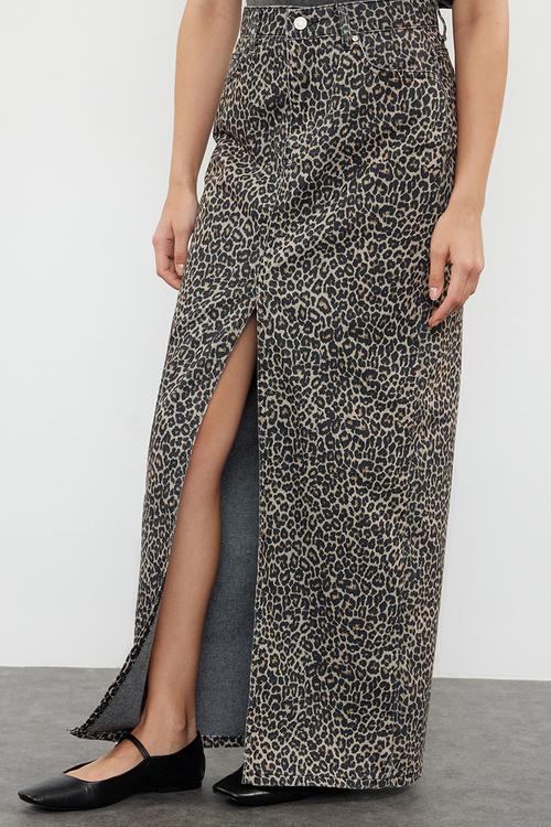 Patterned maxi denim skirt - leopard 