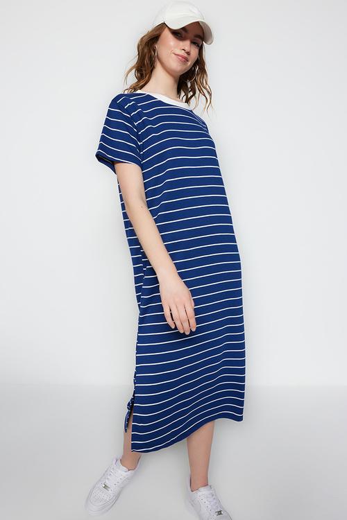 Striped Shift/Plain Maxi Knit Dress with Slit Detail - Navy Blue 