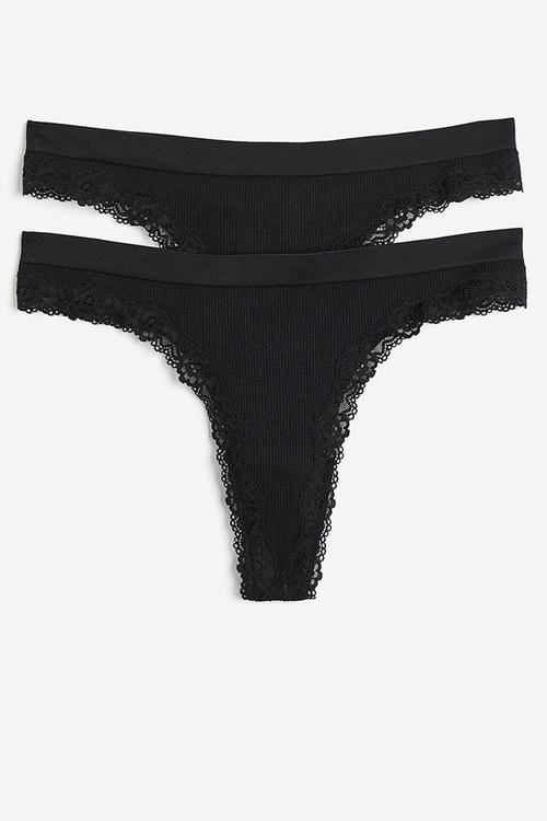 2 Pack seamless lace-trimmed thong briefs - black