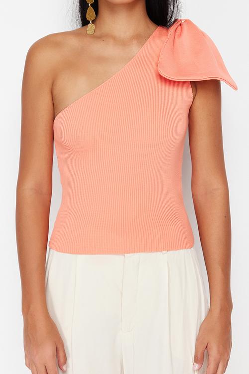 Single Sleeve Bow Detailed Knitwear Blouse - Orange 