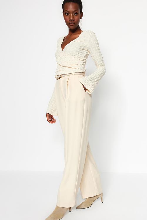 Premium double breasted neck regular/normal fit blouse - beige