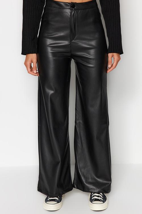 Faux leather wide leg pocket detailed knitted trousers - black 