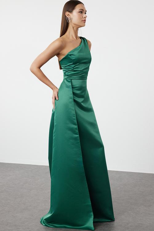 Woven evening dress & graduation dress - emerald green
