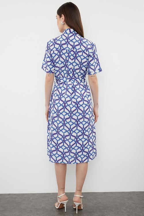 Belted midi woven shirt dress - blue