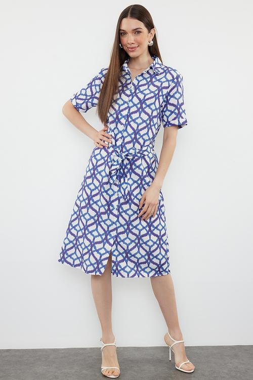 Belted midi woven shirt dress - blue