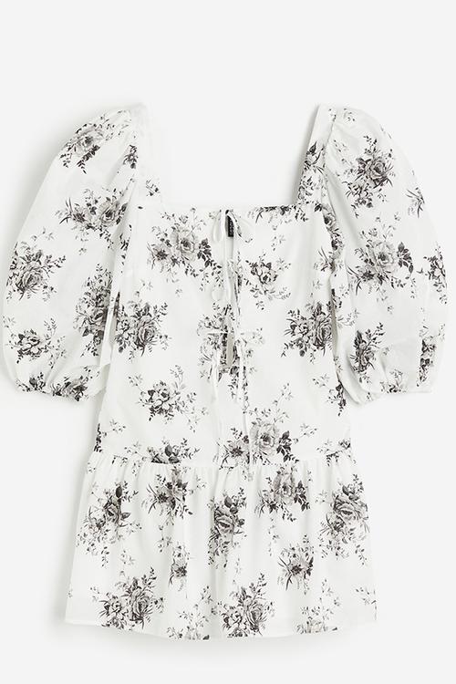 Puff-sleeved poplin dress - white floral