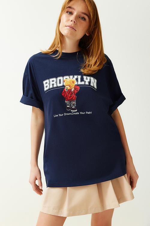 Printed oversize/wide fit crew neck knitted t-shirt - navy blue