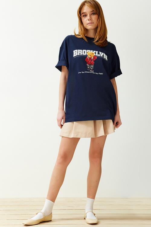Printed oversize/wide fit crew neck knitted t-shirt - navy blue