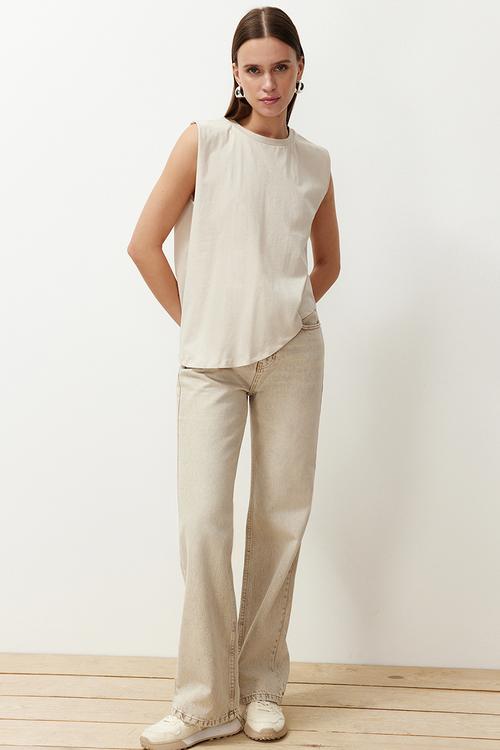 Asymmetrical crew neck knitted t-shirt - stone