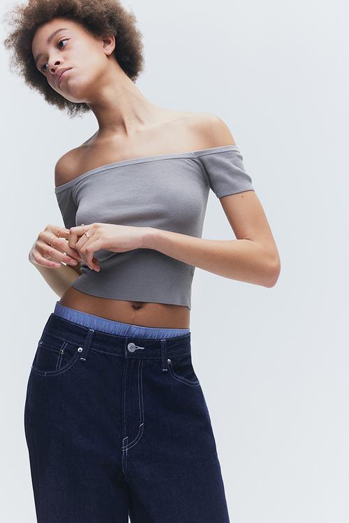 Rib-knit off-the-shoulder top - grey