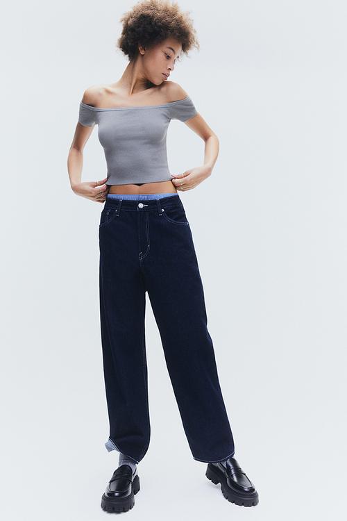 Rib-knit off-the-shoulder top - grey