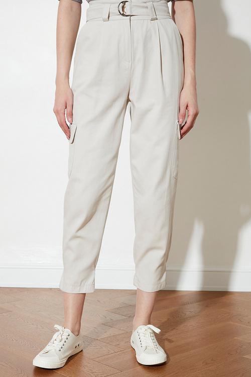 Belted cargo woven trousers - stone