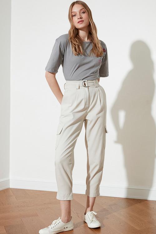 Belted cargo woven trousers - stone