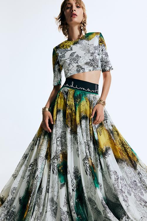 Anamika Khanna X H&M: Silk-blend floral-motif skirt - white,multi