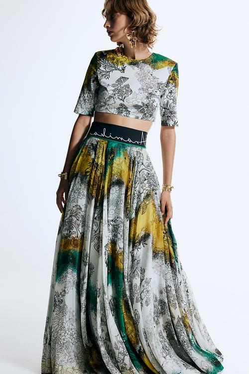 Anamika Khanna X H&M: Silk-blend floral-motif skirt - white,multi
