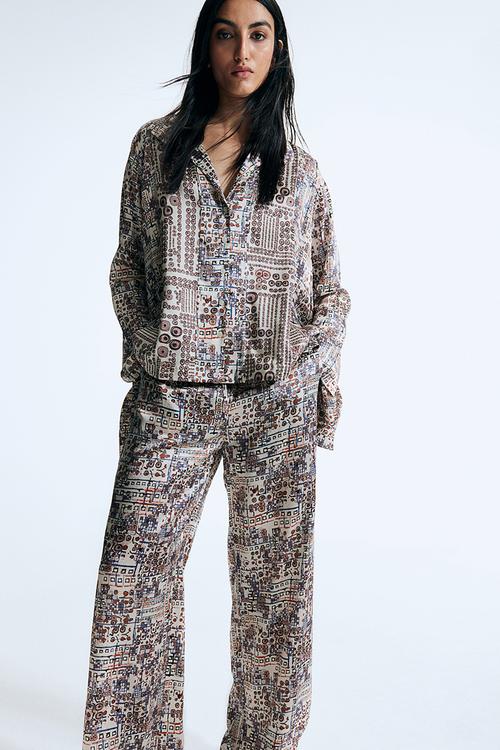 Anamika Khanna X H&M: Graphic-print silk pyjama shirt - white,multi