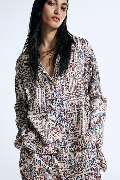 Anamika Khanna X H&M: Graphic-print silk pyjama shirt - white,multi