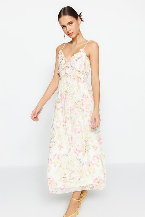 Print a-cut ruffle detailed lined chiffon maxi dress - ecru floral