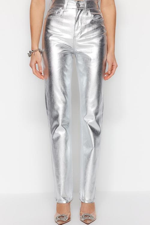 Shiny metallic print high waist straight jeans - silver 