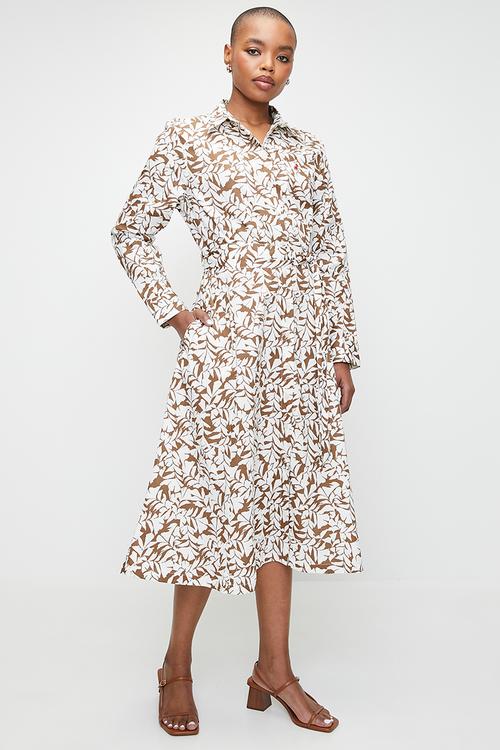 Wmn Sarah Long Sleeve Printed Dress - Camel