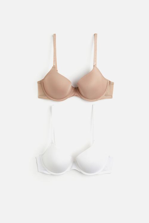 2 pack padded underwired bras - white & dark beige