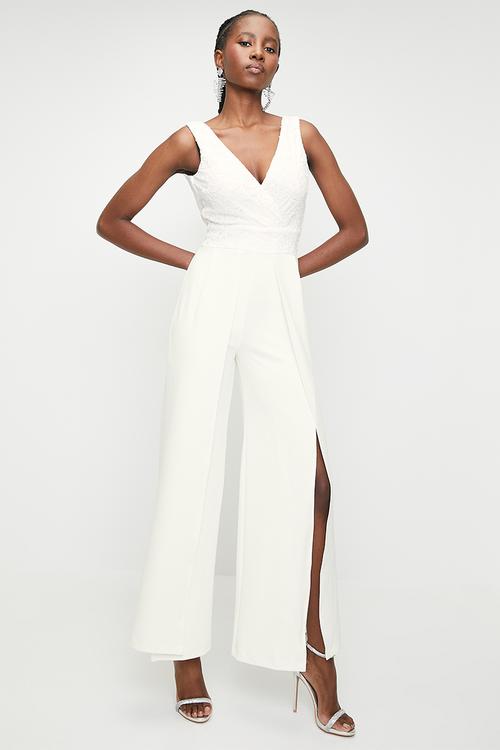 Heccers Glam : Jumpsuit With Wide Leg Pant  - Off White