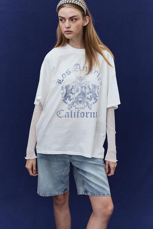 Oversized motif-detail t-shirt - cream los angeles