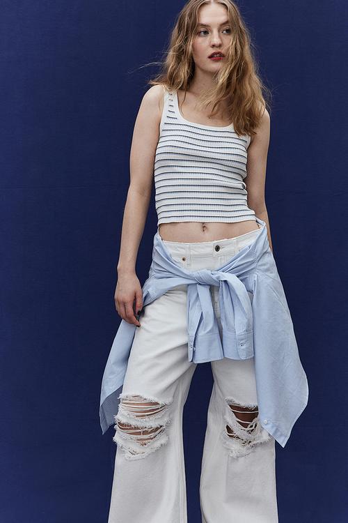 Rib-knit vest top - cream striped