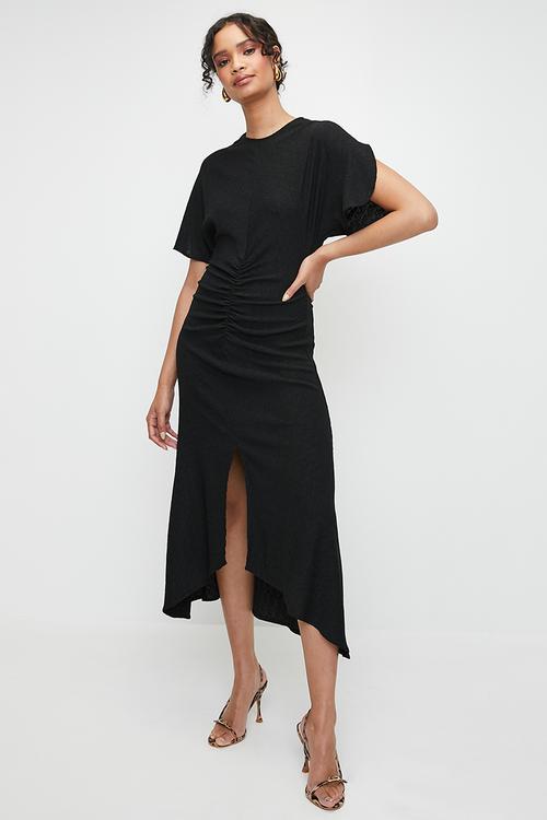 Gauged front dolman sleeve midi dress - black