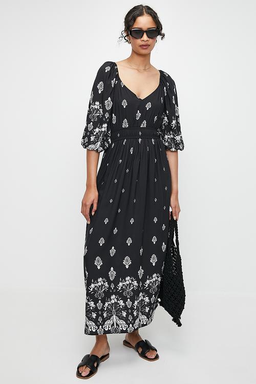 Balloon sleeve empire midi dress - black dandelion double border