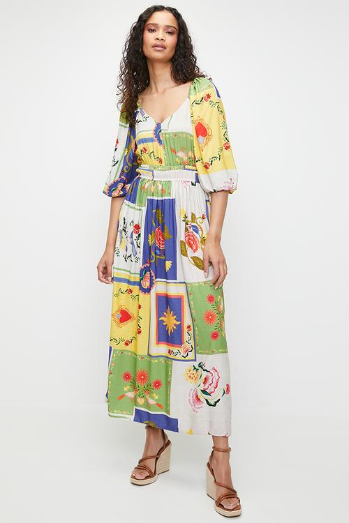 Balloon sleeve empire midi dress - mystical roses patchwork aop