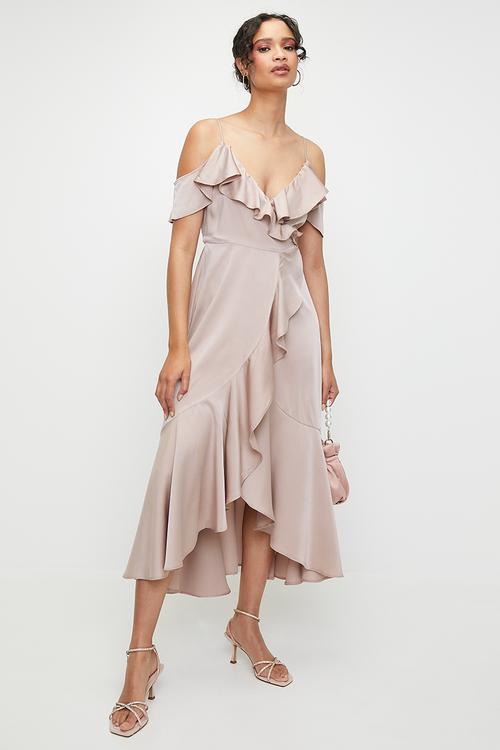 Cold shoulder flutter wrap dress - bark