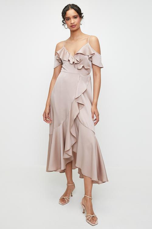 Cold shoulder flutter wrap dress - bark