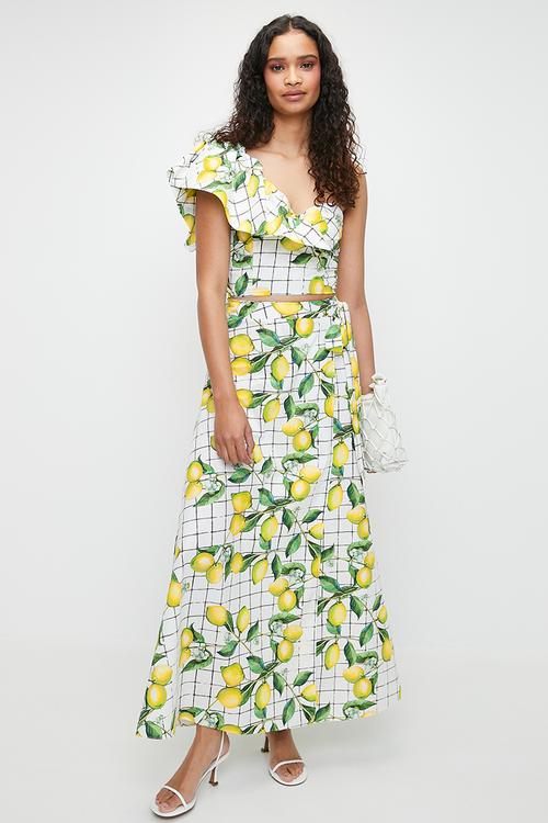Co-ord bubble sleeve top - lemon grid