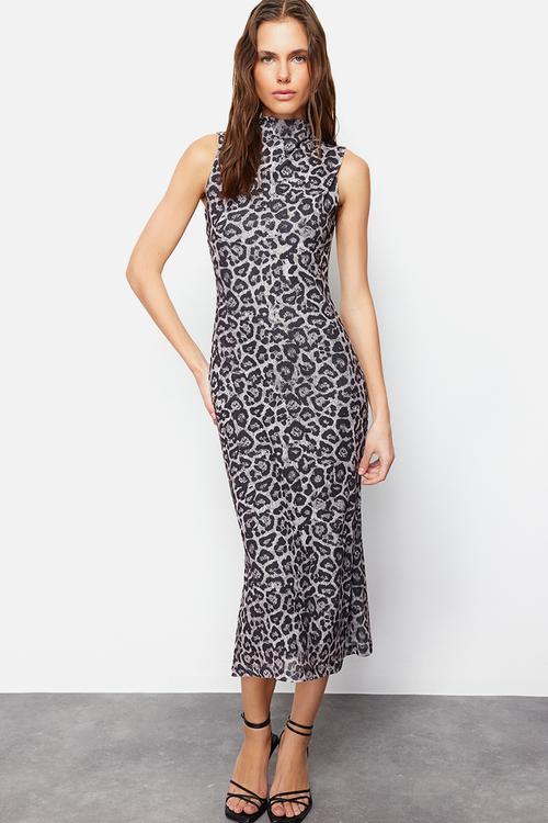 Leopard textured high collar knitted midi pencil dress - anthracite