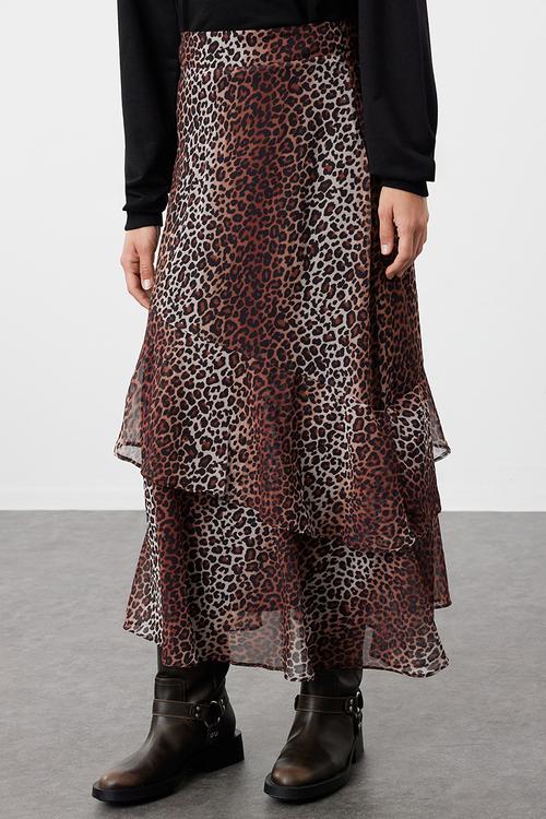 Leopard patterned lined woven skirt - brown