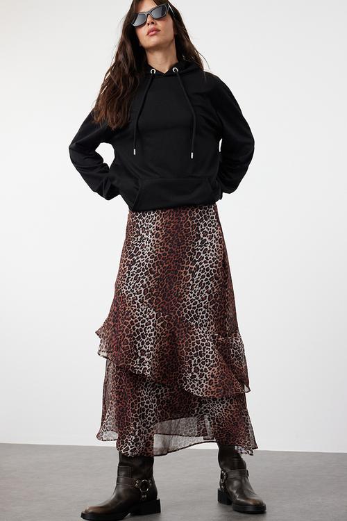 Leopard patterned lined woven skirt - brown