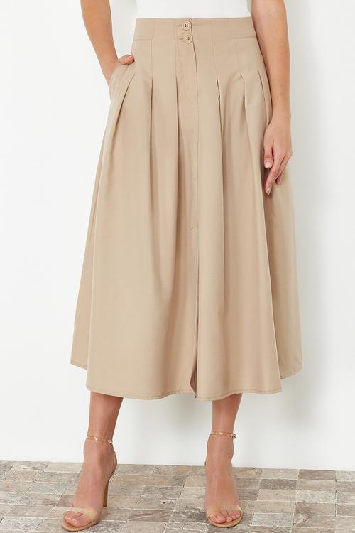 Pleated detailed front buttoned midi length woven skirt - beige