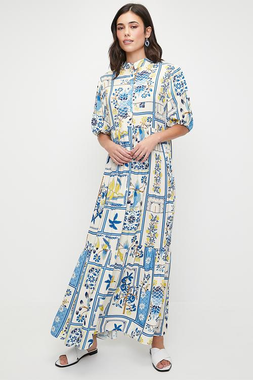Puff sleeve tiered maxi dress - blues holiday tile