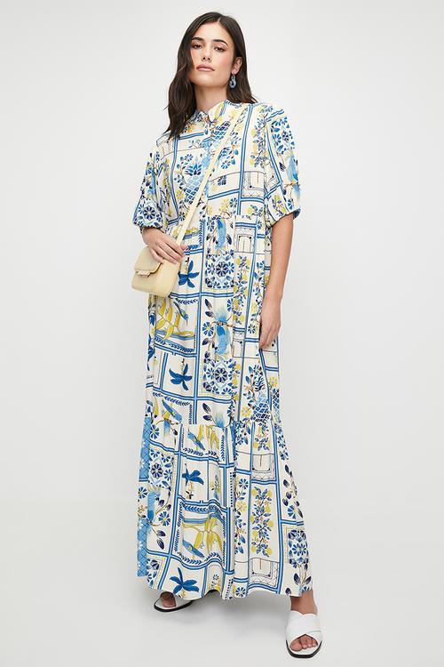Puff sleeve tiered maxi dress - blues holiday tile