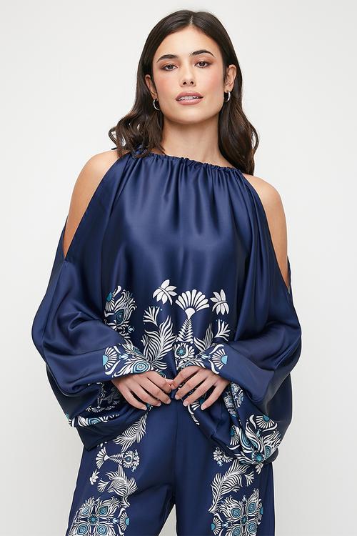 Cold shoulder gauged neck blouse - bold silhouette floral