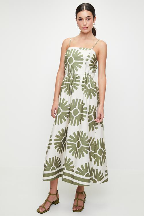 Linen blend fit & flare cami midi dress - green falling fans dbl border